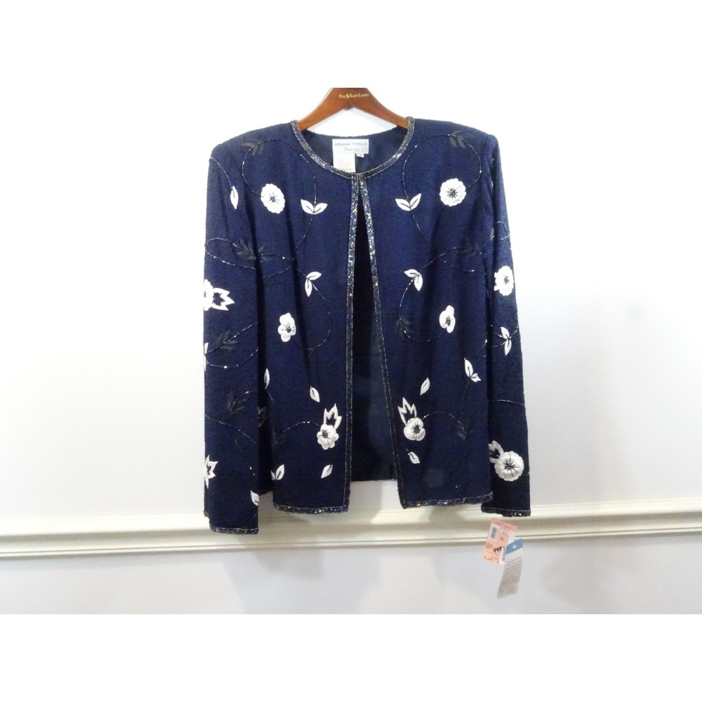 Adrianna Papell Evening Navy Blue Silk Beaded Floral Jacket NWT Size 16